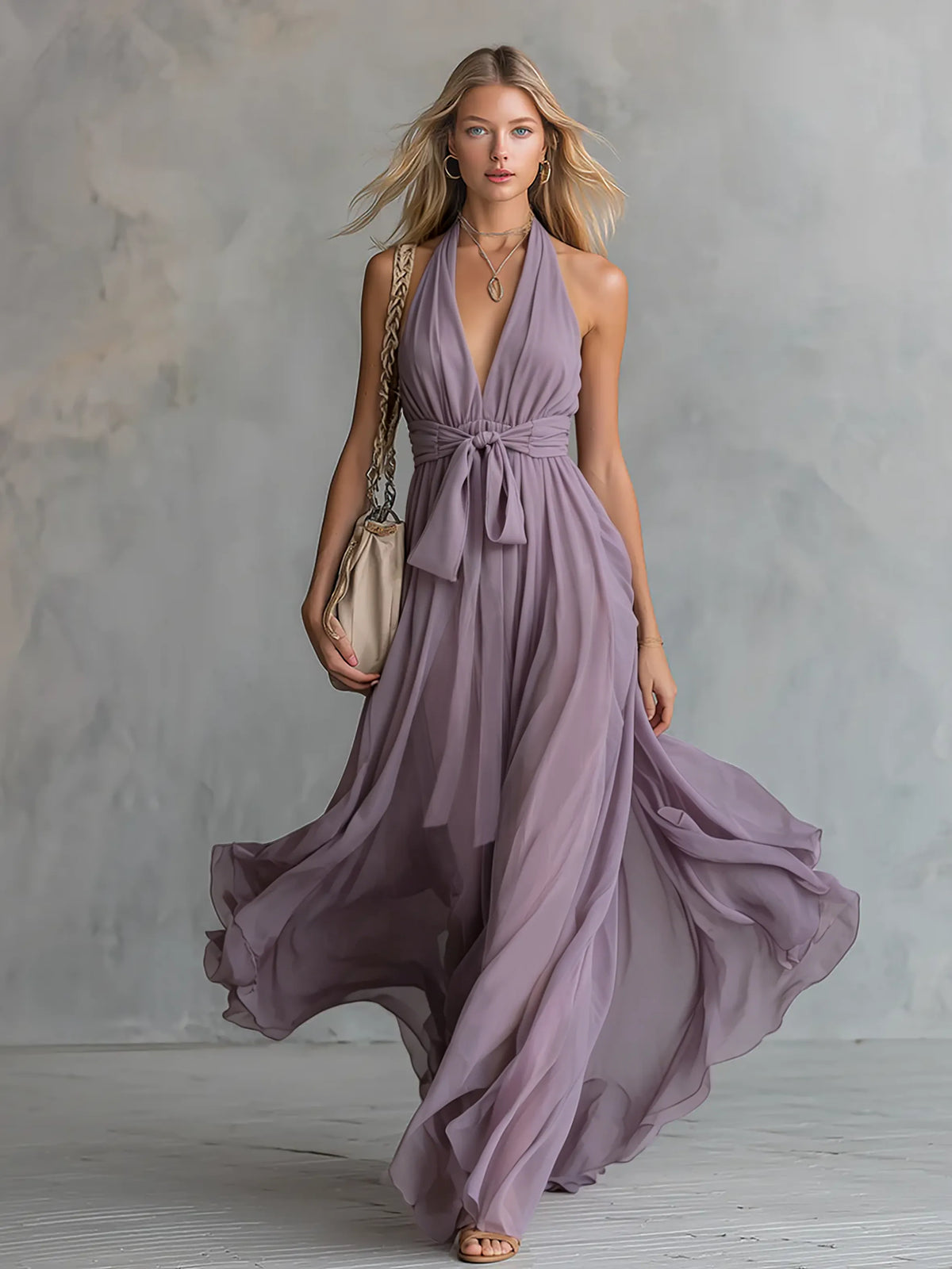 Elegant And Stylish Halter Neck V-neck Sleeveless Chiffon Maxi Dress