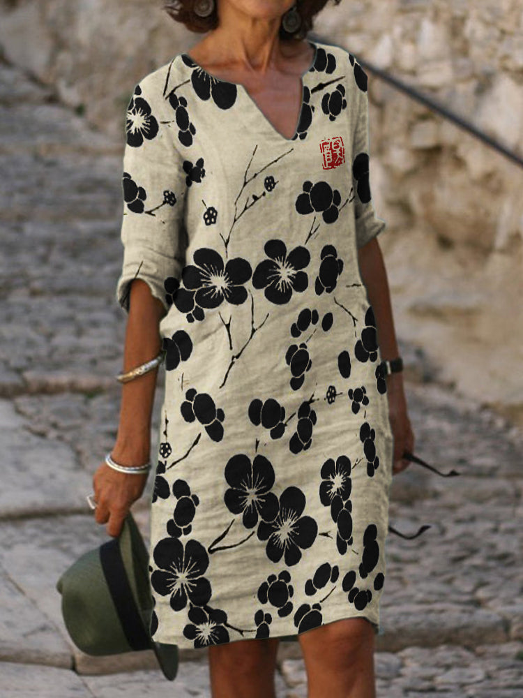 Cherry Blossom Japanese Lino Notch Neck Midi Dress