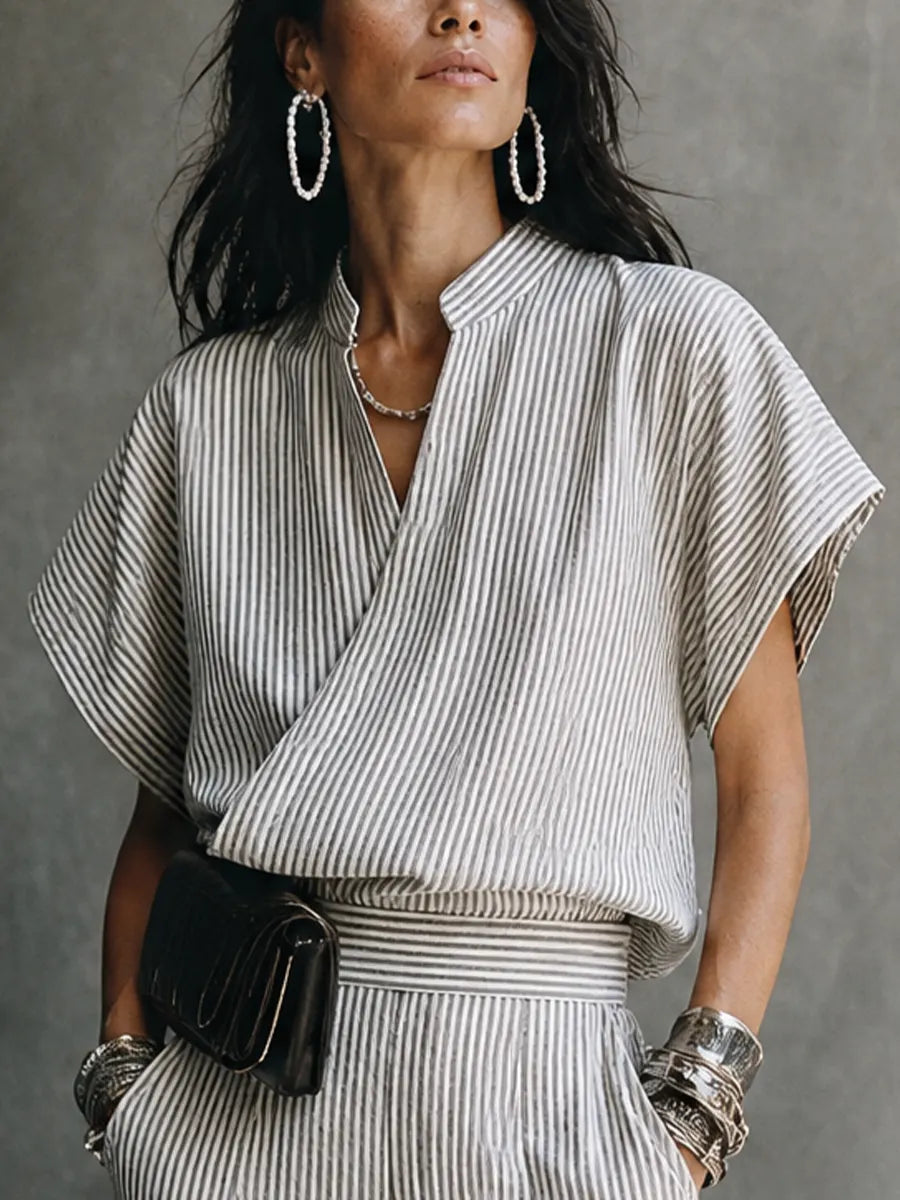 Women's Casual Vacation Gray White Cotton Blend Striped Wrap Top Cargo Pocket Wide-Leg Pants Set MDZ1618G6GMJ