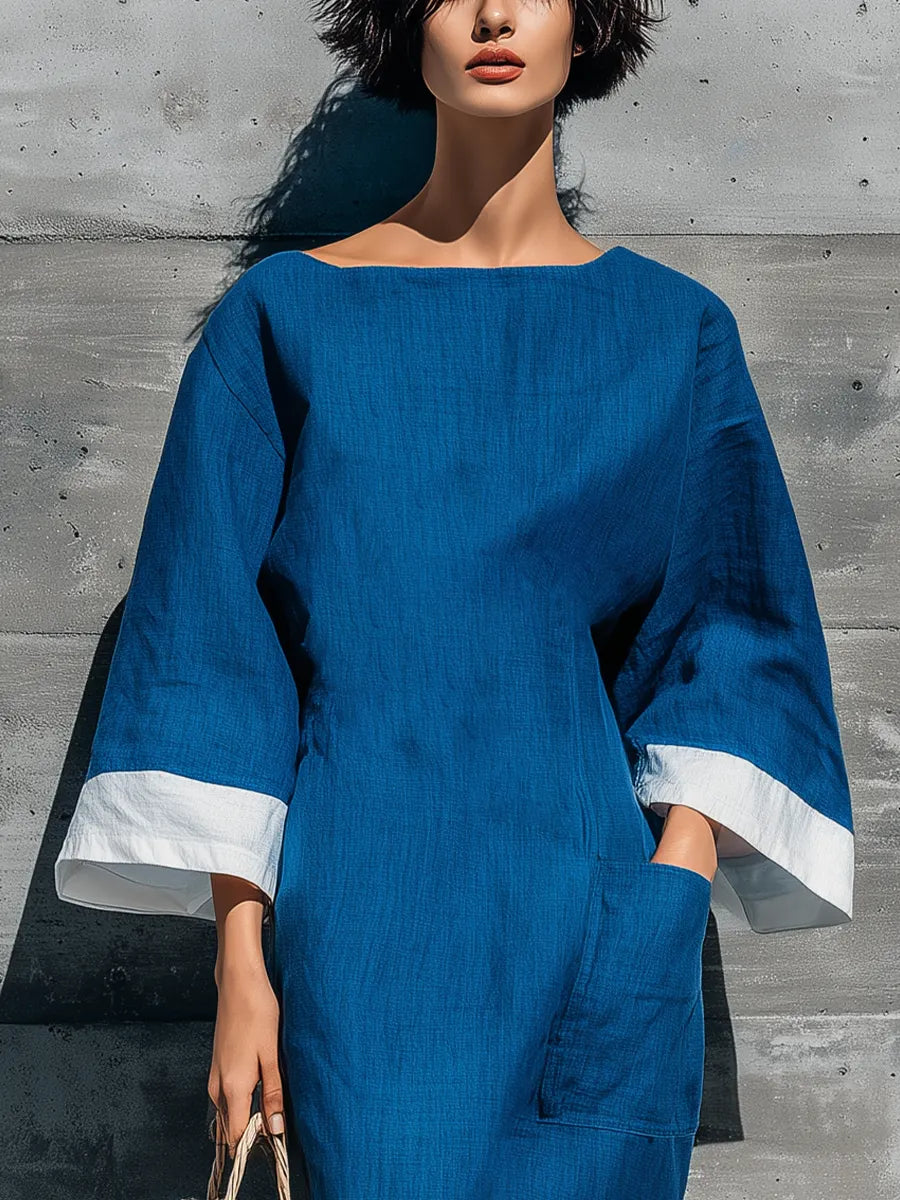 Women’s Blue Cotton-linen blend Boat Neck Three Quarter Flare Cuff White Contrast Trim Tiered Ruffle Hem Midi Dress With Side Pockets MDZ1315G7YZJ