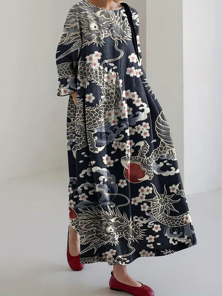 Vintage Japanese Art Print Midi Dress