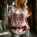 Women's Halloween Rose Skull Design Round Neck Cotton Linen Short-sleeve Top