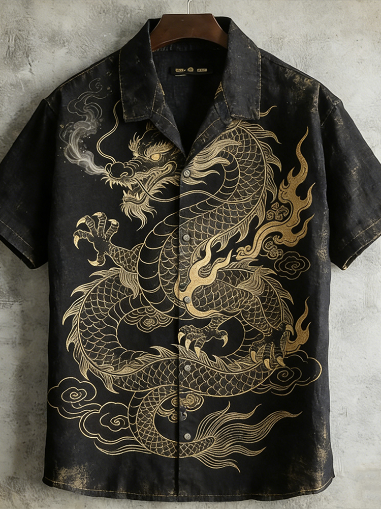 Japanese Art Retro Dragon Pattern Short Sleeve Shirt