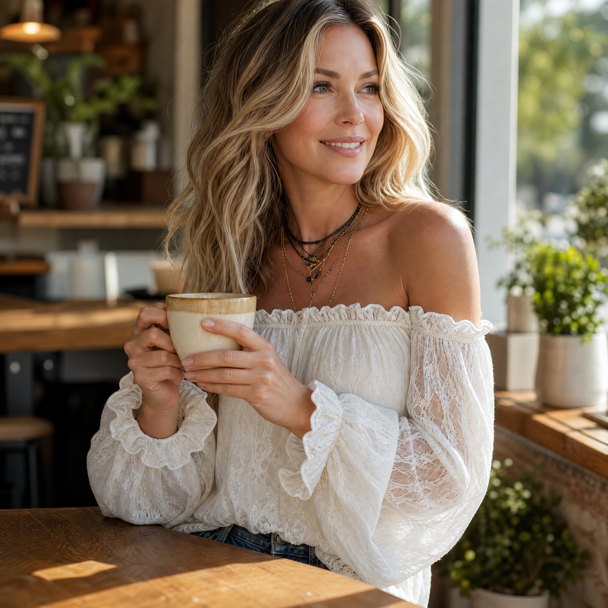 Veluna - Off-Shoulder Lace Blouse with Bell Sleeves
