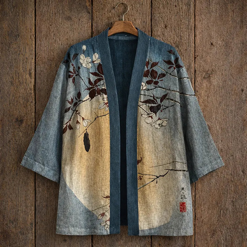 Men's Vintage Plum Blossoms With Moon Japanese Art Linen Blend Kimono Cardigan