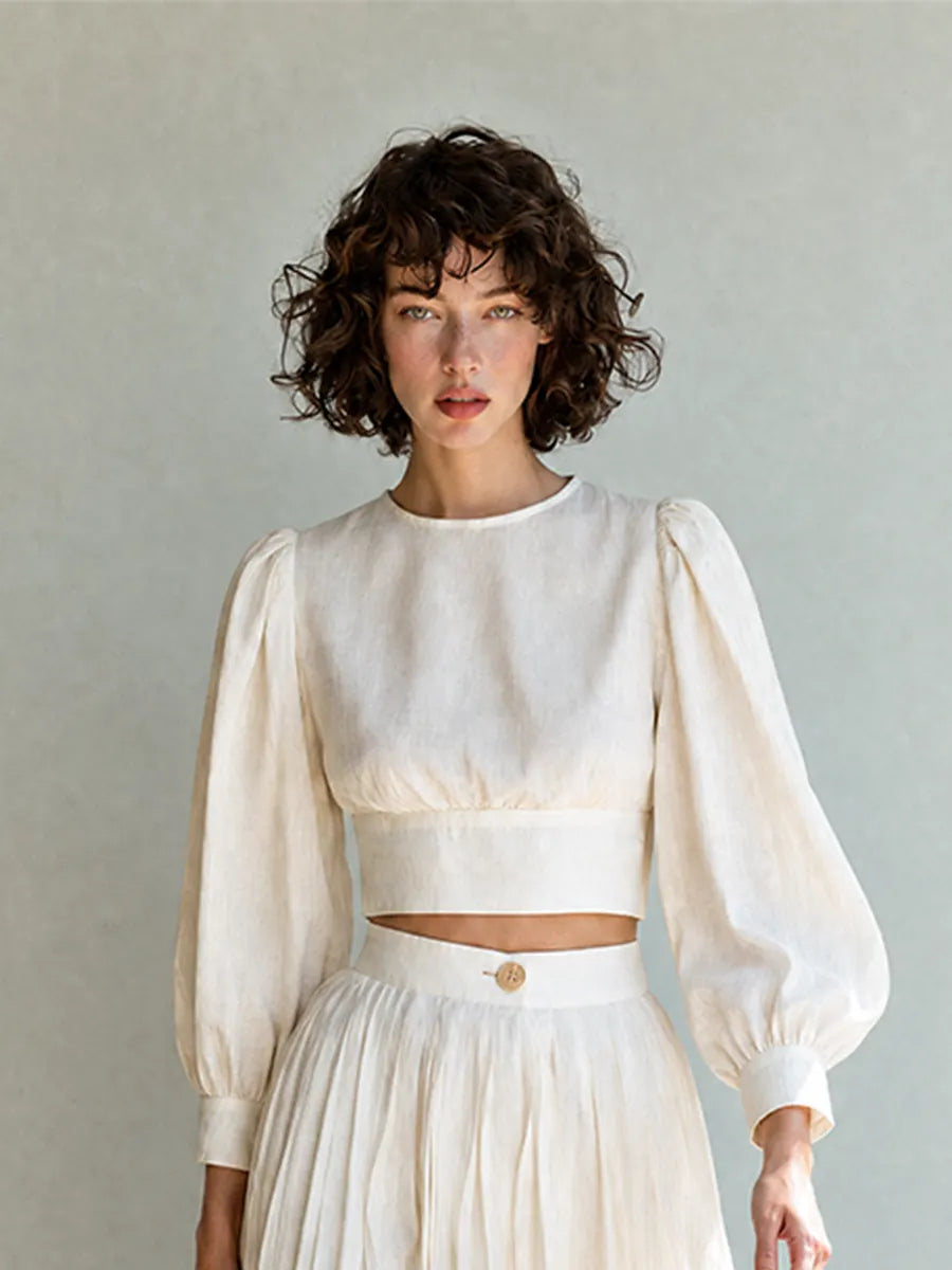 Women's Elegant Casual Ivory Linen Round-Neck Puff-Sleeve Cropped Top & High-Waisted Midi Skirt Set MDZ2083G8CMX