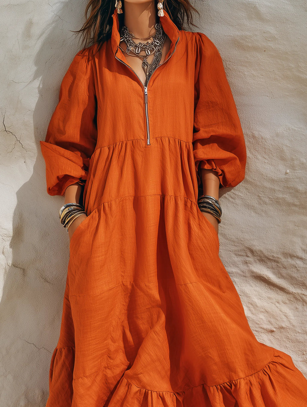 Women's Casual Orange Cotton-Linen Maxi Dress With Half-Zip Collar And Three-Quarter Sleeves MDZ2433G0LXY