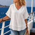 Solendra – Loose V-Neck Fringe Top for Women, Frayed Edge Summer Blouse