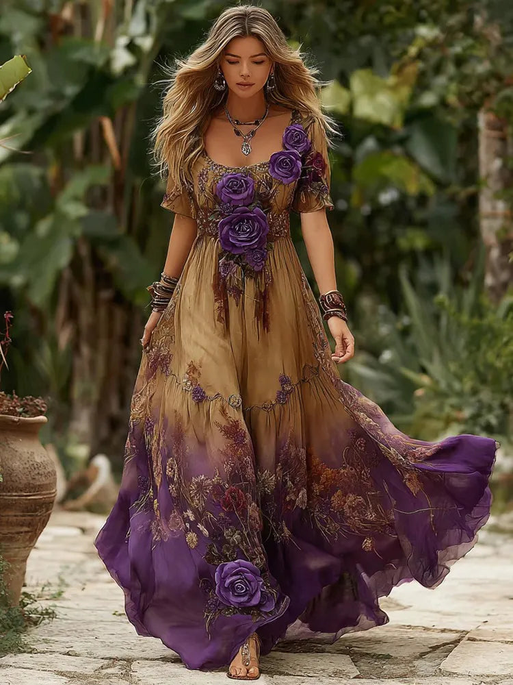 Women's Purple Floral Pattern Casual Round Neck Short Sleeve Dress