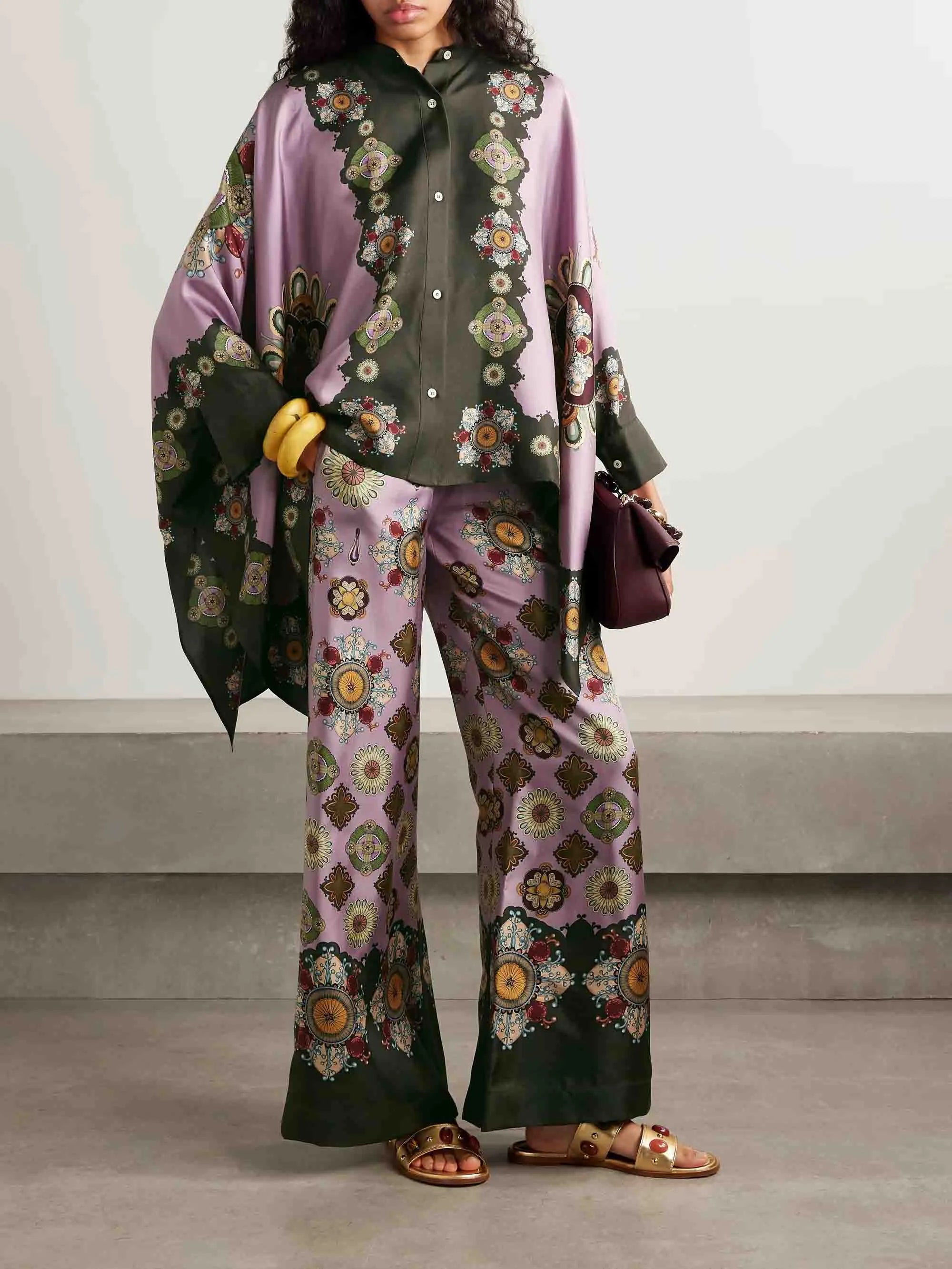 Retro Fine Satin Floral Print Cape Shirt
