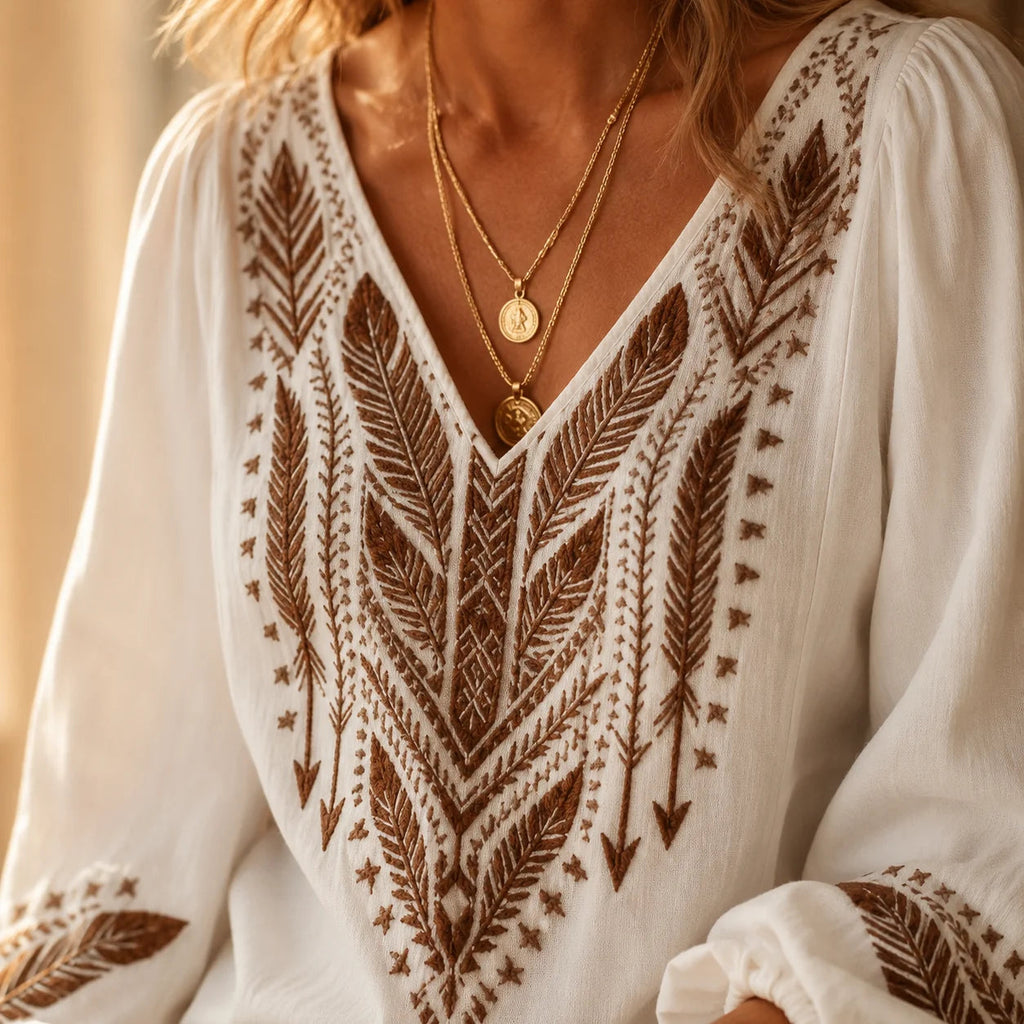 Soluna – Embroidered Boho Blouse, V-Neck, Balloon Sleeve
