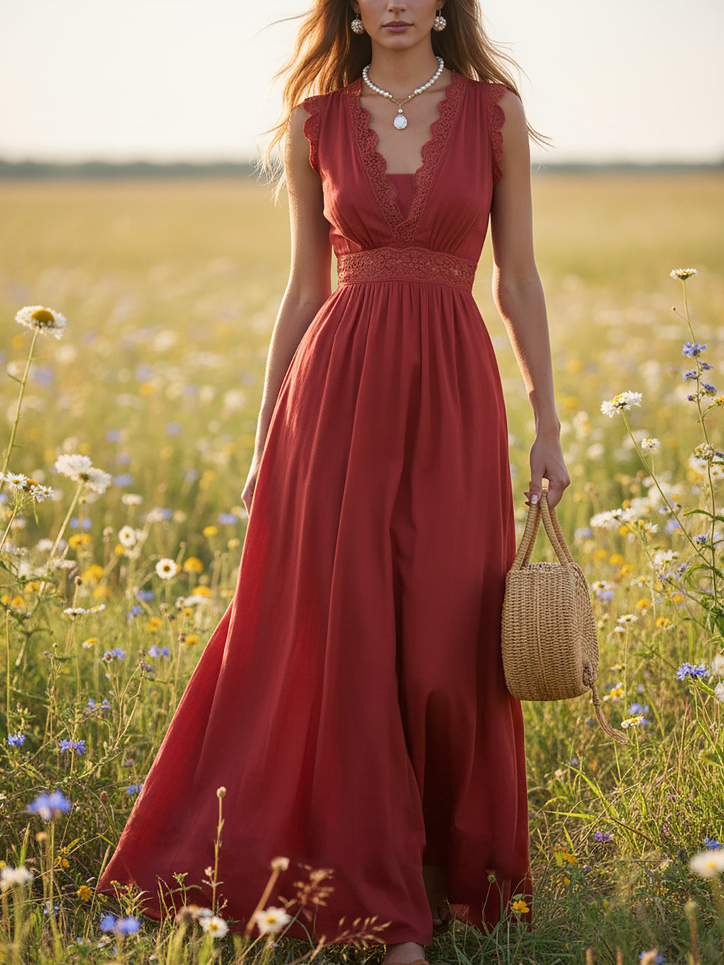Maxi Linen Dress, Sleeveless, V Neck, Lace, Vacation, Vintage, Red