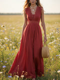 Maxi Linen Dress, Sleeveless, V Neck, Lace, Vacation, Vintage, Red