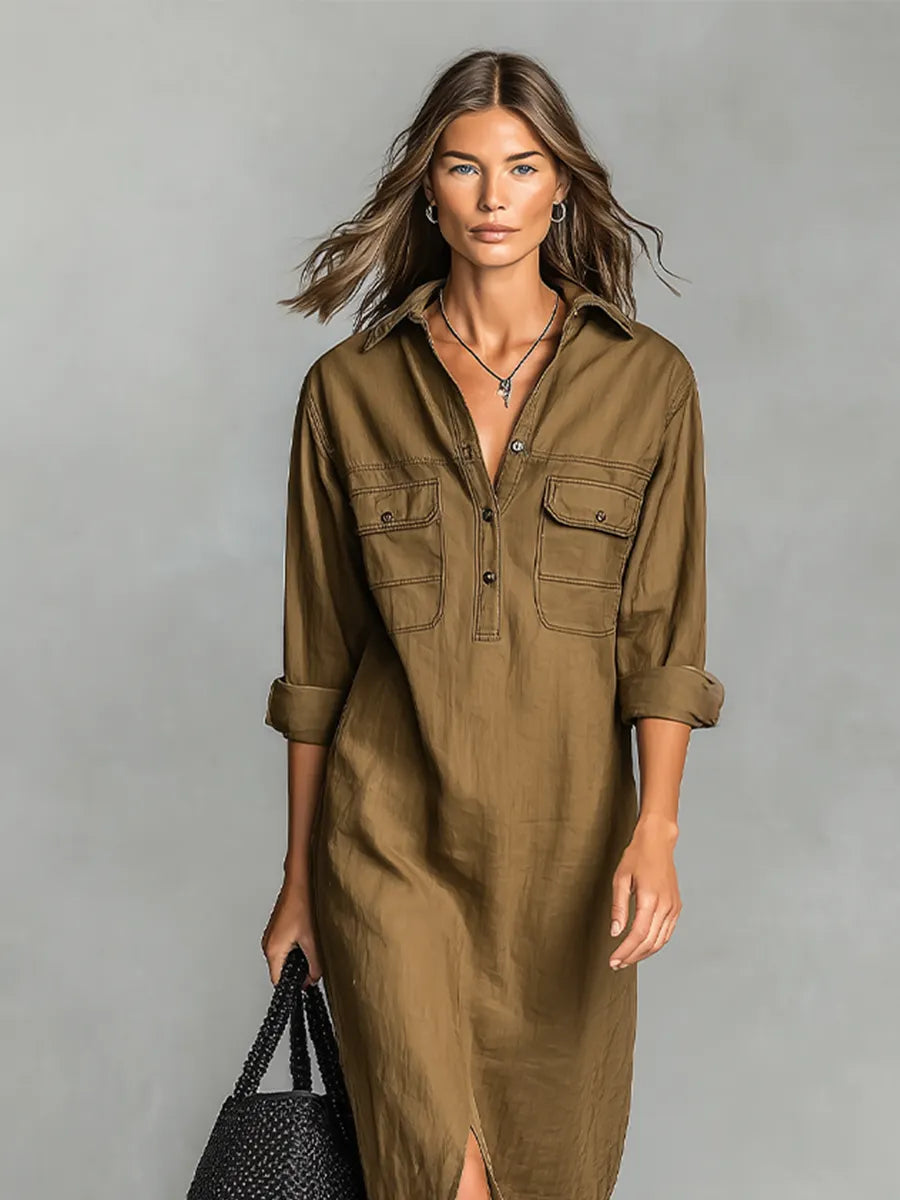 Women's Brown Cotton Blend Shirt Maxi Dress With Dual Chest Patch Pockets & Front Thigh Slit, Casual Utility Resort Loose Shirt Maxi Dress MDZ0943G1LYL
