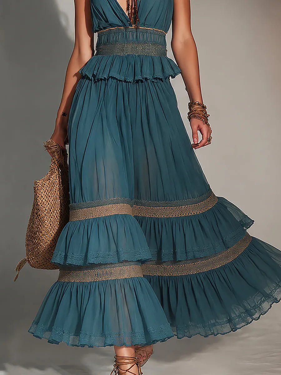 Retro Shirt-Collar Sleeveless Pleated Maxi Dress With Lace Trim