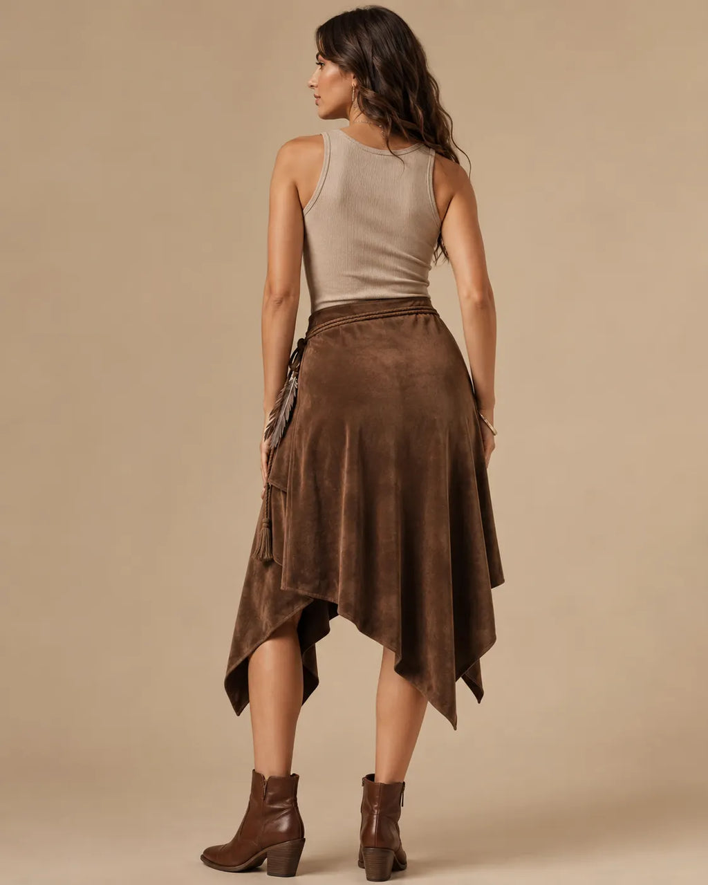 Brown Asymmetric Suede Wrap Skirt