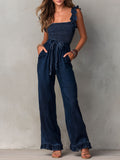 Boho Navy Denim Smocked Ruffle Strap  Wide-Leg Jumpsuit