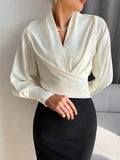Long Sleeves Solid Color Zipper V-neck Blouses&shirts Tops