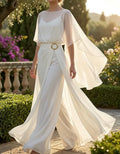 Cape-sleeved Chiffon Wide-leg Jumpsuit