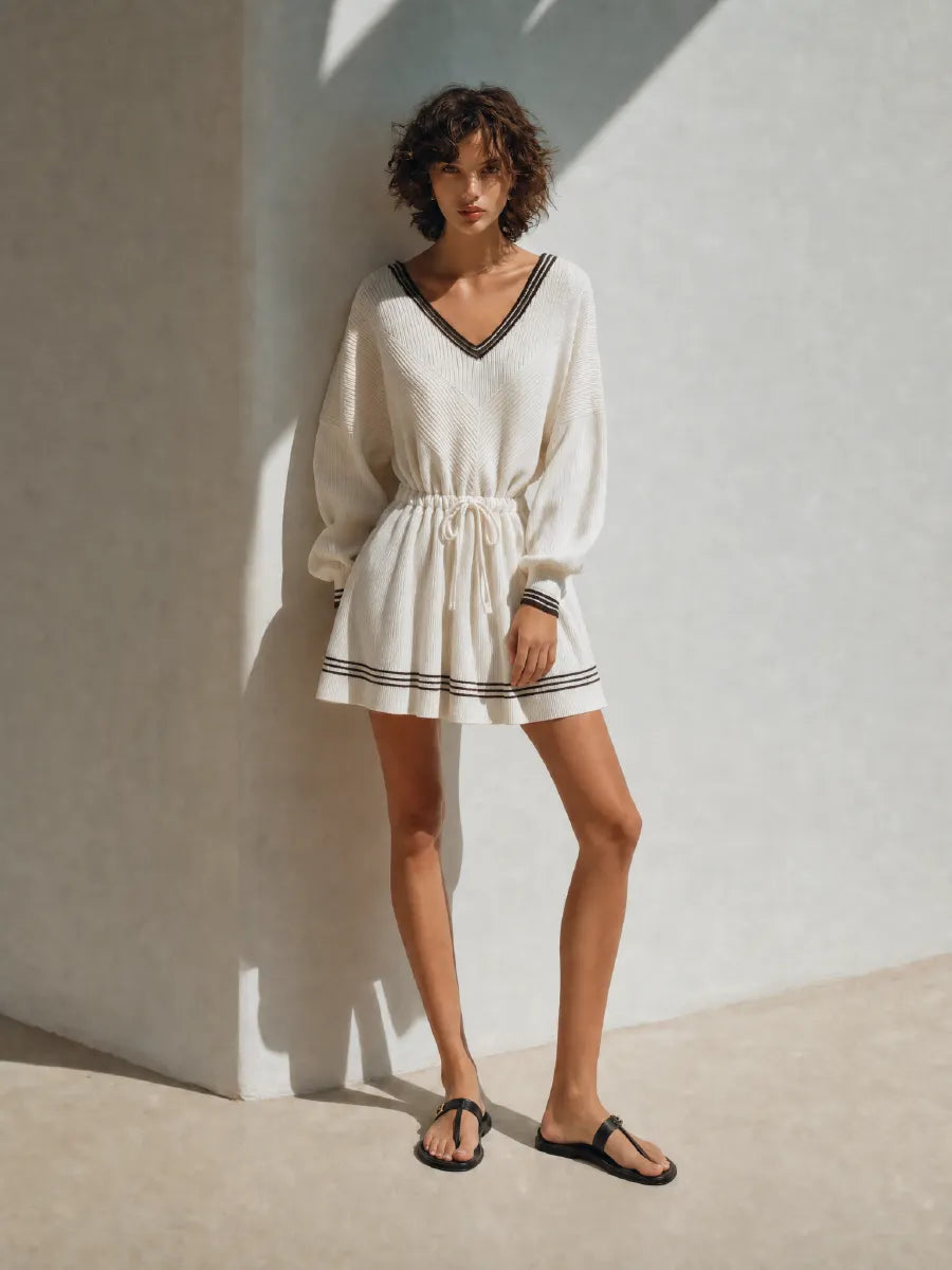 Women's Resort-Style Off-white V-Neck Bishop-Sleeve Drawstring Cinched-Waist Ribbed-Knit Mini Dress MDZ1409G1CMX