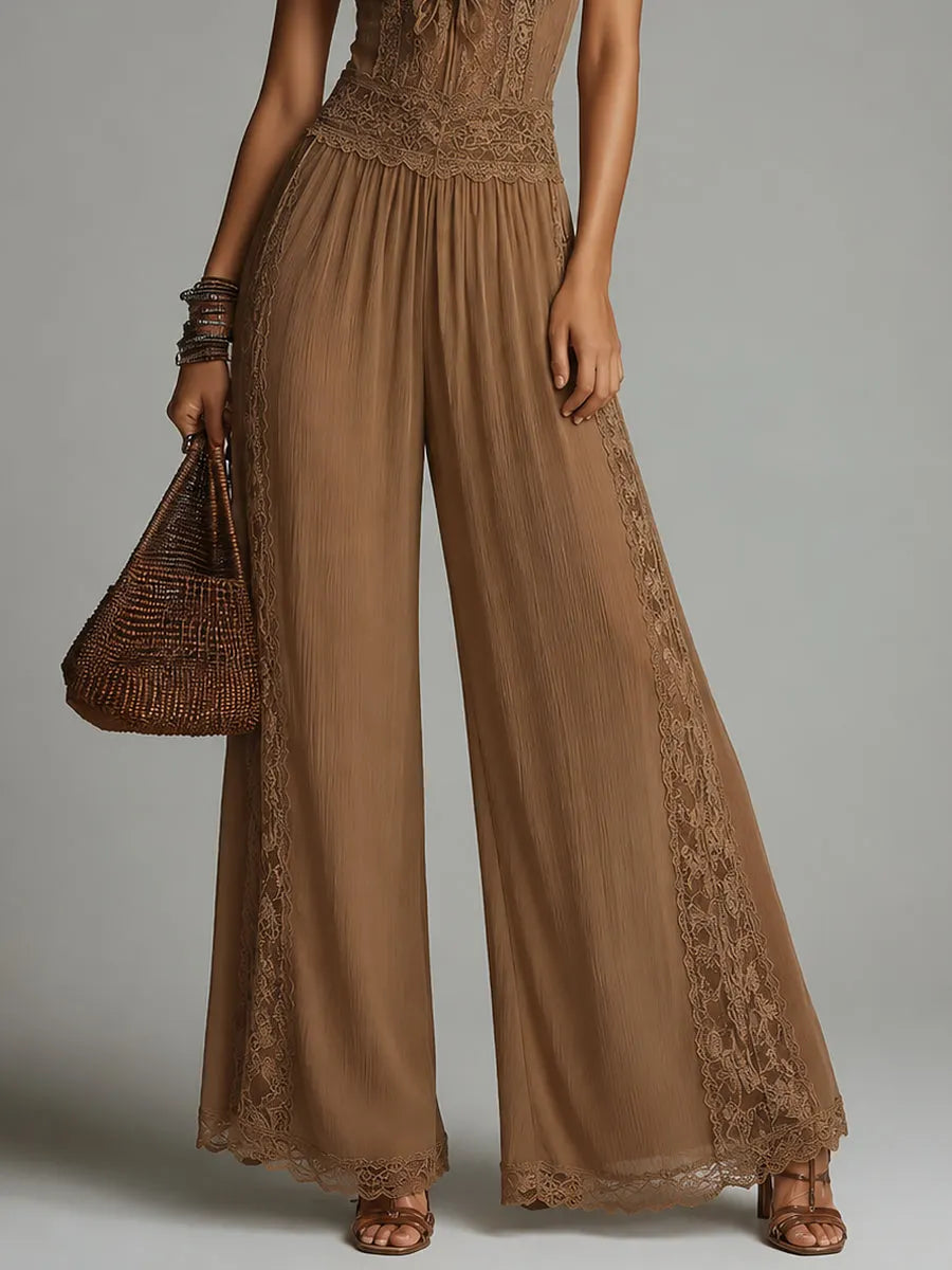Boho Lace-Trimmed Ruffled-Sleeve Chiffon Wide-Leg Jumpsuit