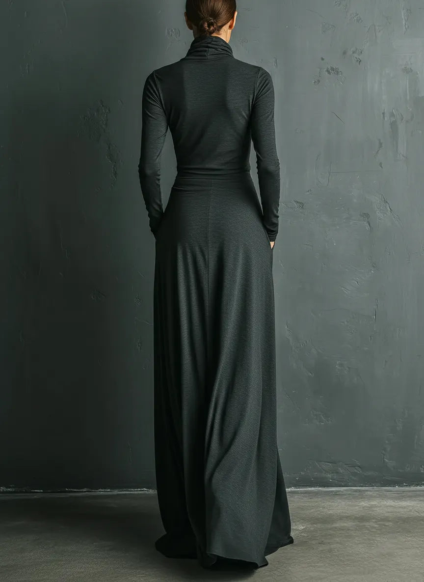 Women's Charcoal Elegant Stretch Polyester-Cotton Blend Turtleneck Draped Maxi Dress MDA1727J1I