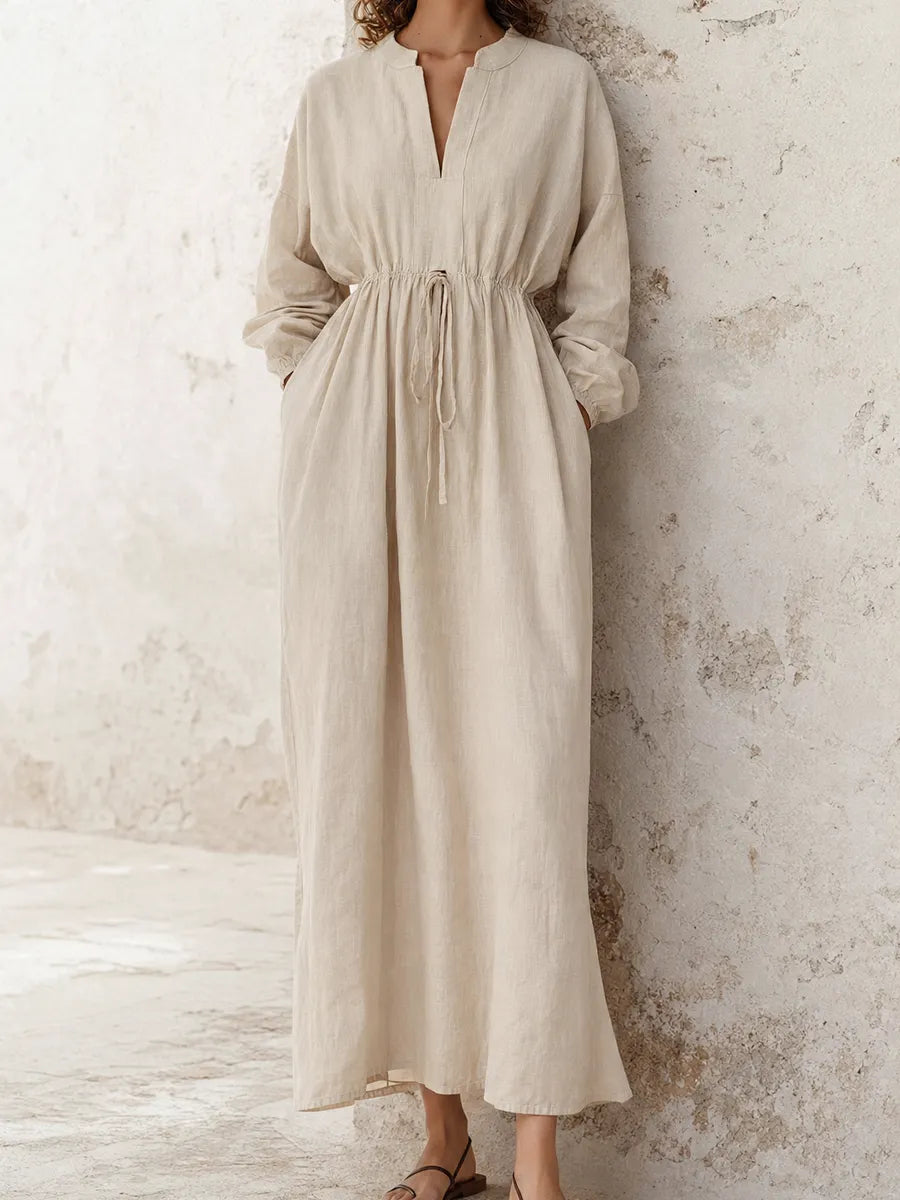 Women's Elegant Casual Off-White Cotton-Linen Drawstring Waist Stand-Collar Long-Sleeve Maxi Dress MDZ0979G6CMX