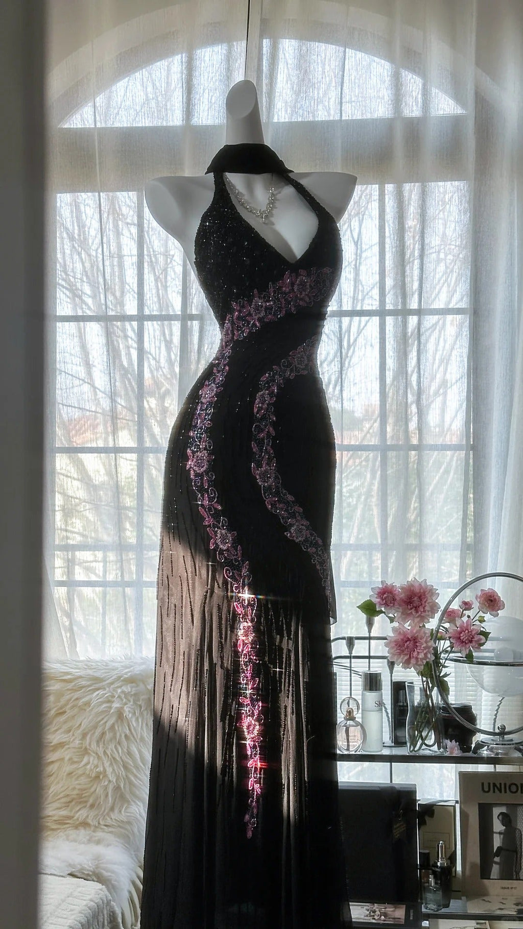 Black Shiny Vintage Elegant Romantic Delicate Pink Floral Beading Long Chiffon Homecoming Ball Gown Evening Dress Birthday/Wedding Guest/Holiday Party Dress Prom Dress
