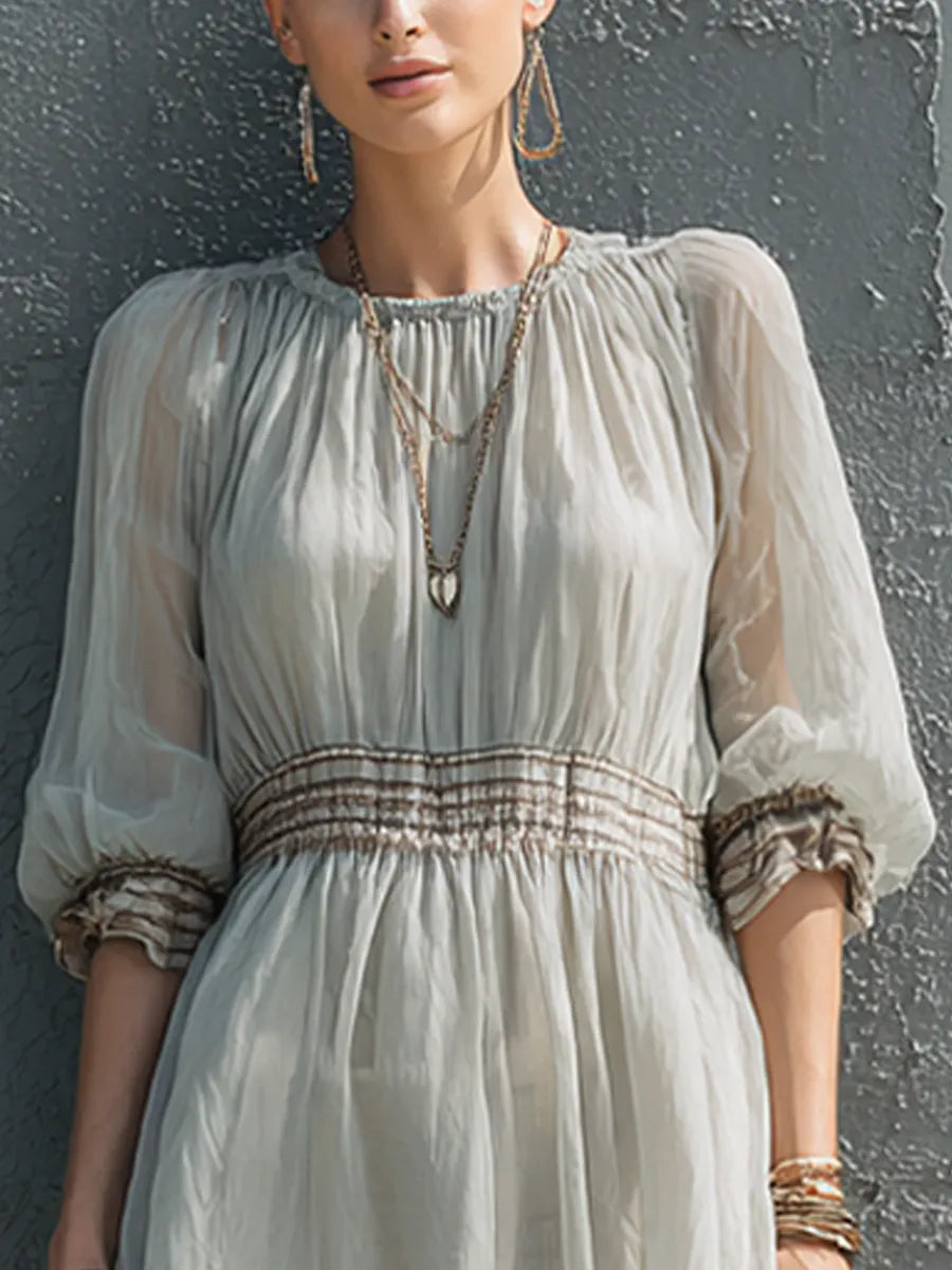 Women's Simple And Elegant Light Gray Chiffon Elastic Gathered Puff Sleeve Short Dress MDZ0986G4GMJ