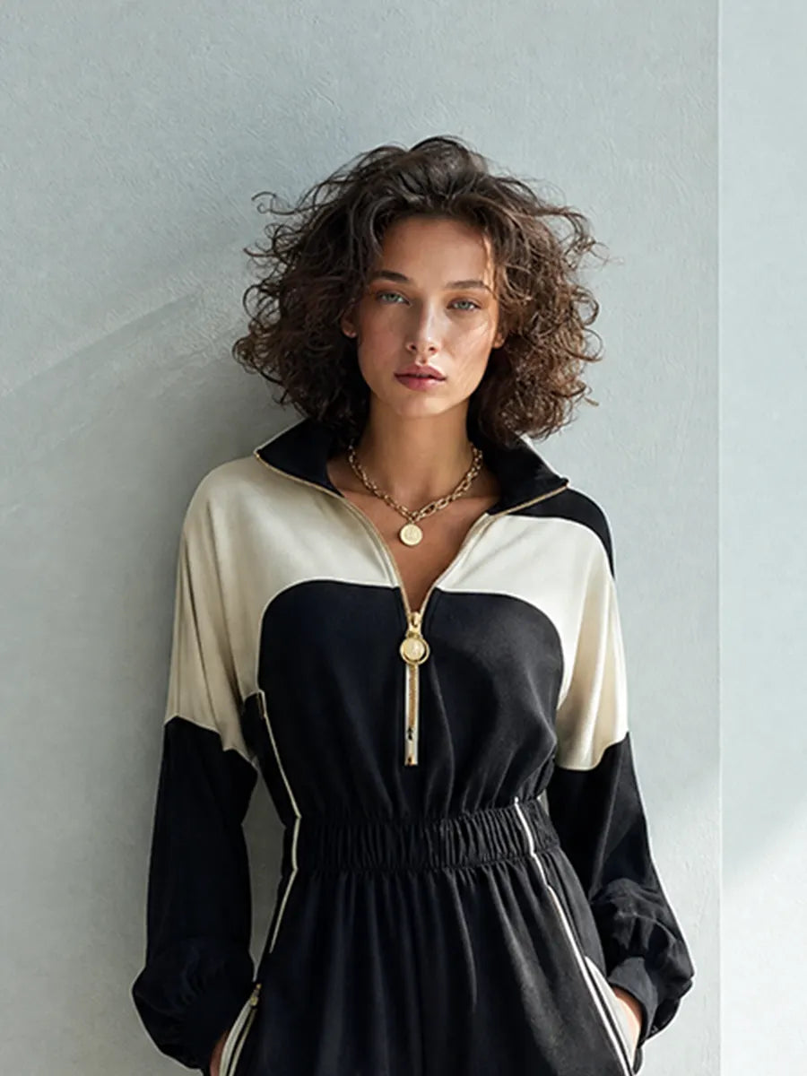 Women's Casual Sporty Black & Ivory Colorblock Half-Zip Collared Long-Sleeve Belted Romper MDZ2160G6CMX