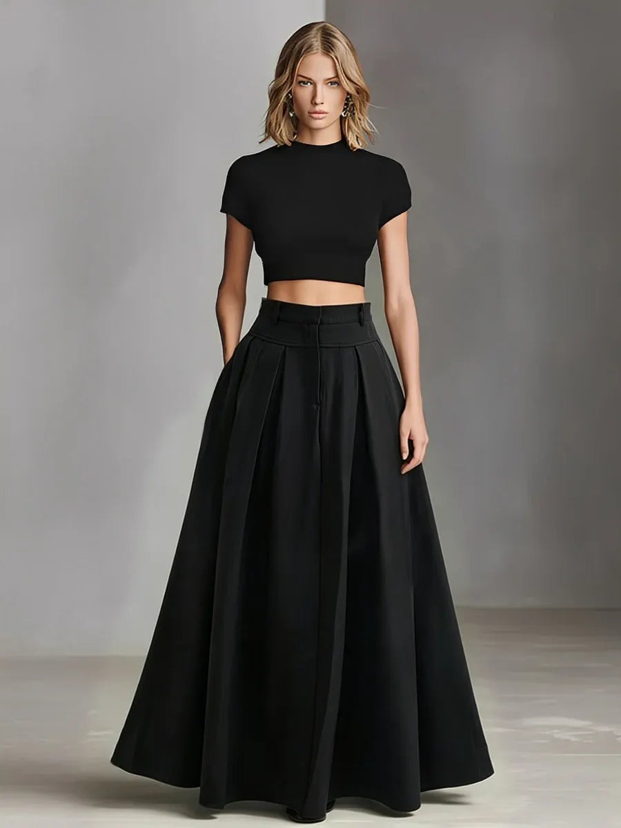 Women's Black Stretch-Knit & Woven Set With Cropped Top & Maxi Dress, Timeless Sleek-Chic Style Set (without Belt) MDZ1412A1I