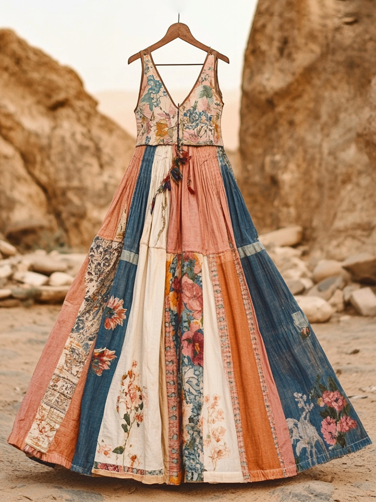 Women's Vintage Bohemian Floral Patch V-neck Cotton And Linen Dress d508