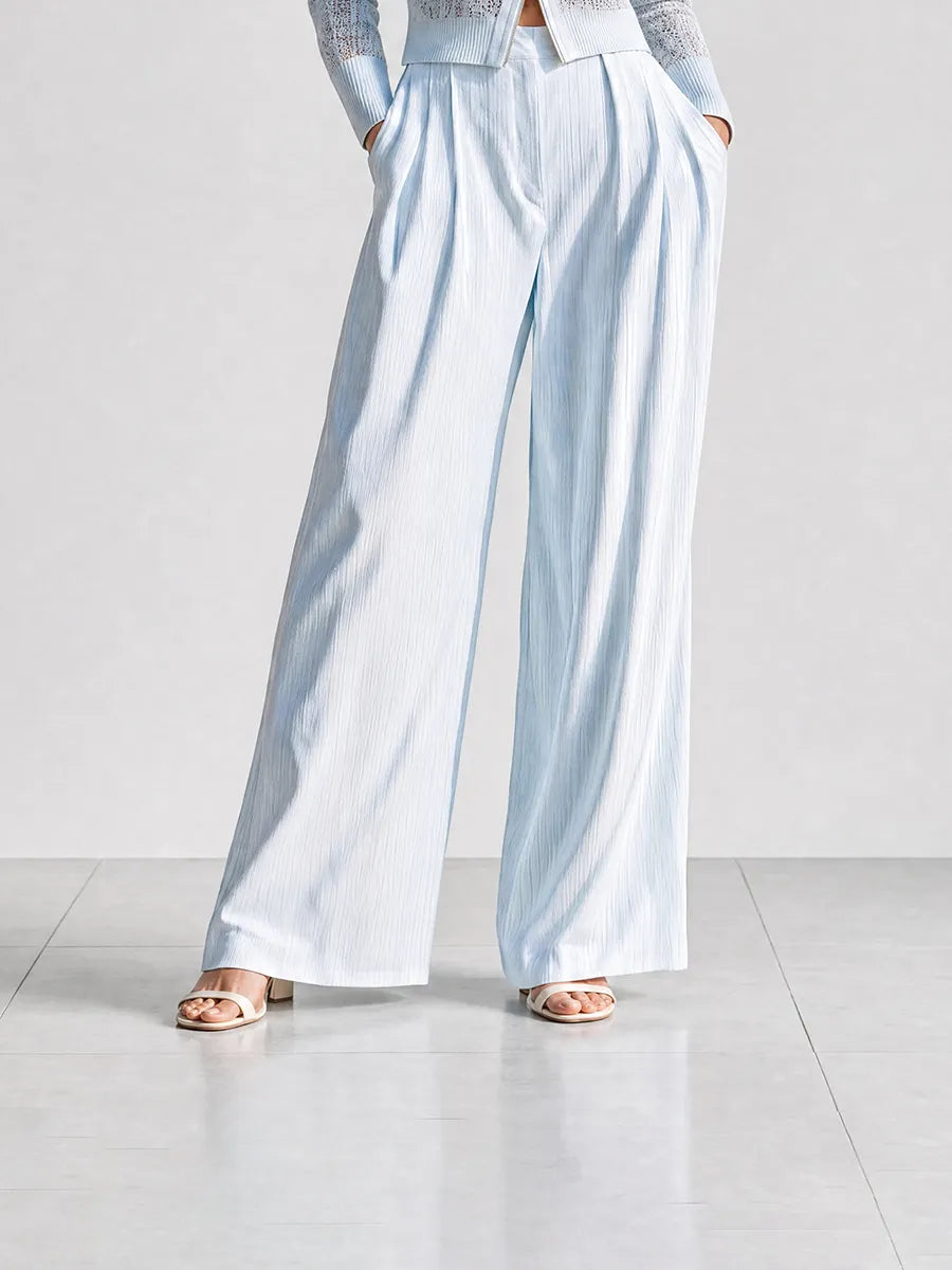 Women's Elegant Casual Light Blue Pointelle-Knit Zip-Up Lapel-Collar Long-Sleeve Cardigan & Wide-Leg Trouser Set MDZ1744G5CMX