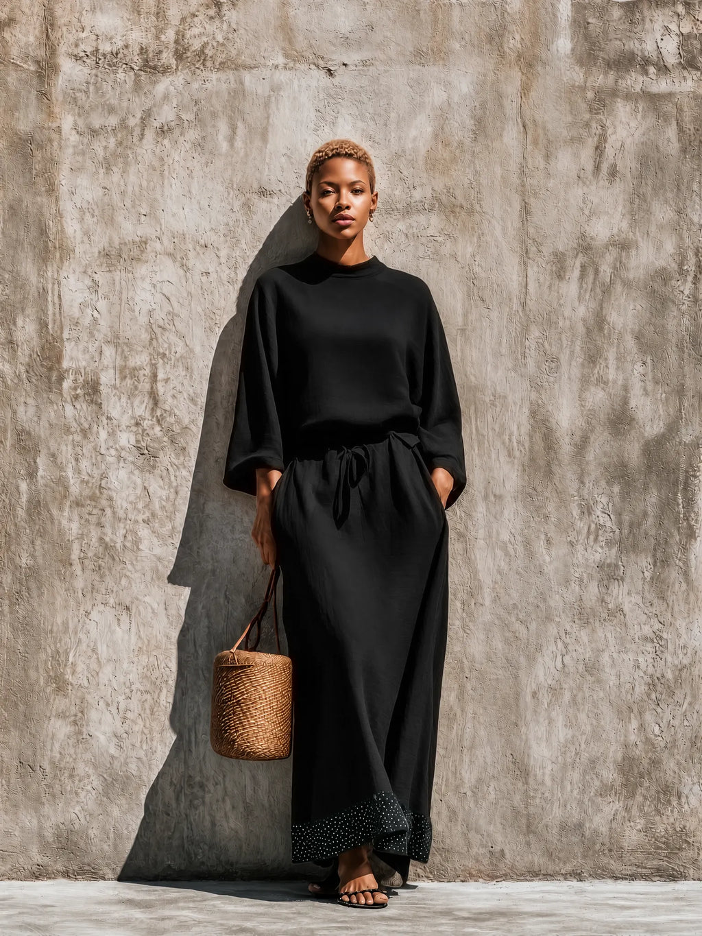 Women's Solid Black Linen Blend High Neck Loose Top Matching Wide Leg Polka Dot Trim Maxi Skirt Two Piece Set MDZ0975G7YZJ