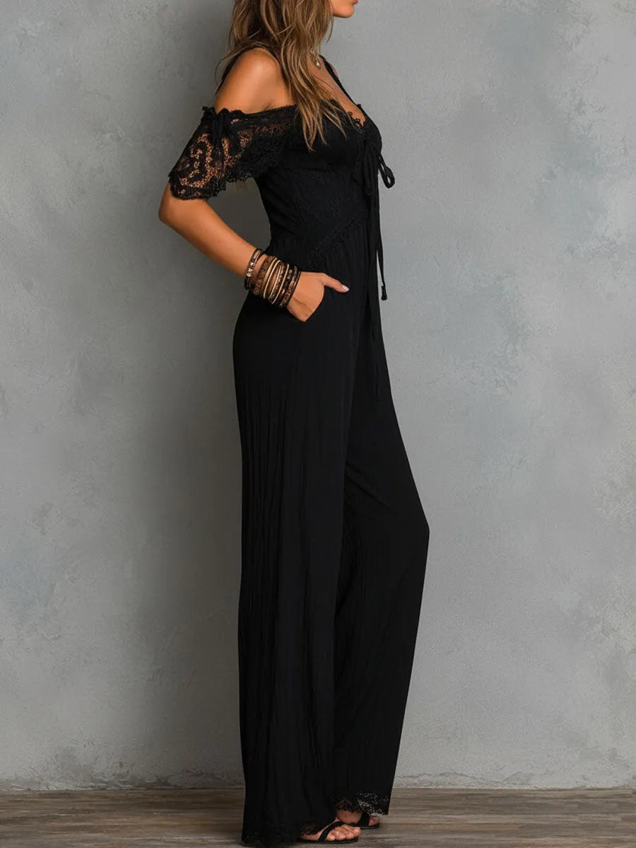 Boho Black Lace Trim Cold-Shoulder Wide-Leg Jumpsuit
