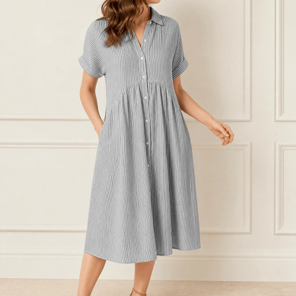 Linara - Striped Midi Shirt Dress with Pockets