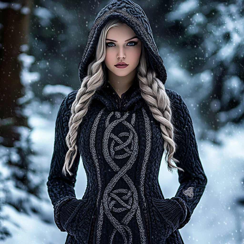 Vintage Viking Celtic Knot Jacquard Contrast Hooded Chunky Sweater