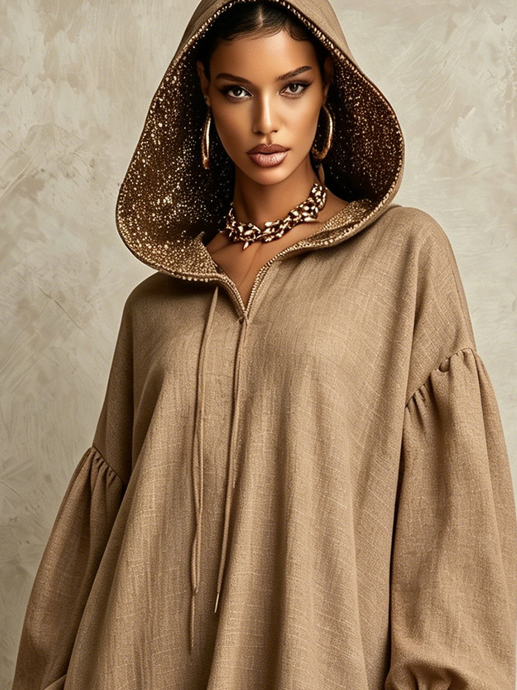Khaki Hooded Lace Hem Oversized Mini Dress