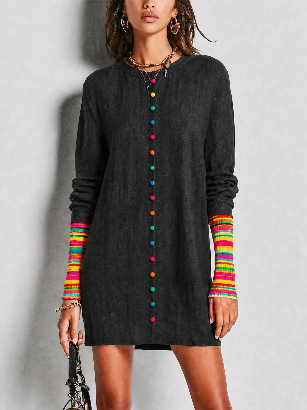 Black Rainbow Button Shift Mini Dress With Contrast Knit Cuffs