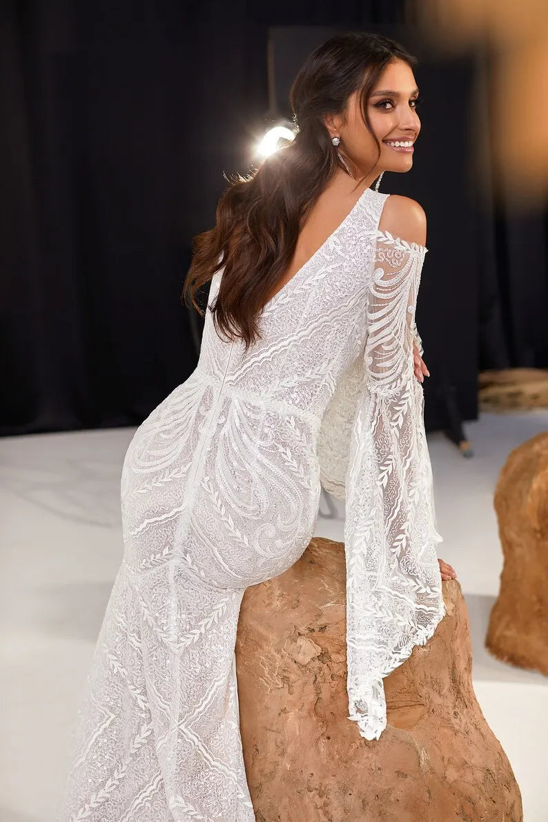 Feminine Mermaid Shining Original long sleeves V neckline Sequin Floral Lace  Sweep train wedding dress