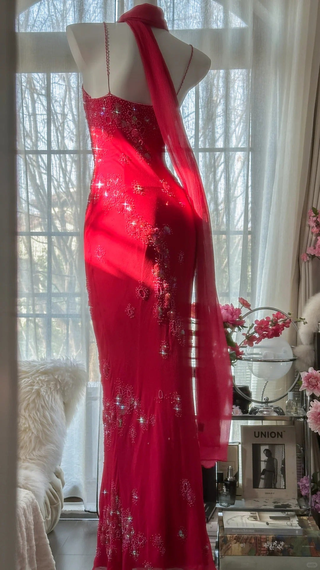 Red Romantic Gorgeous Fashion Elegant Exquisite Beaded Long Chiffon Ball Gown Evening Dress Birthday/Wedding Guest/Vacation Party Dress Prom Dress Valentine's Day Date Dress