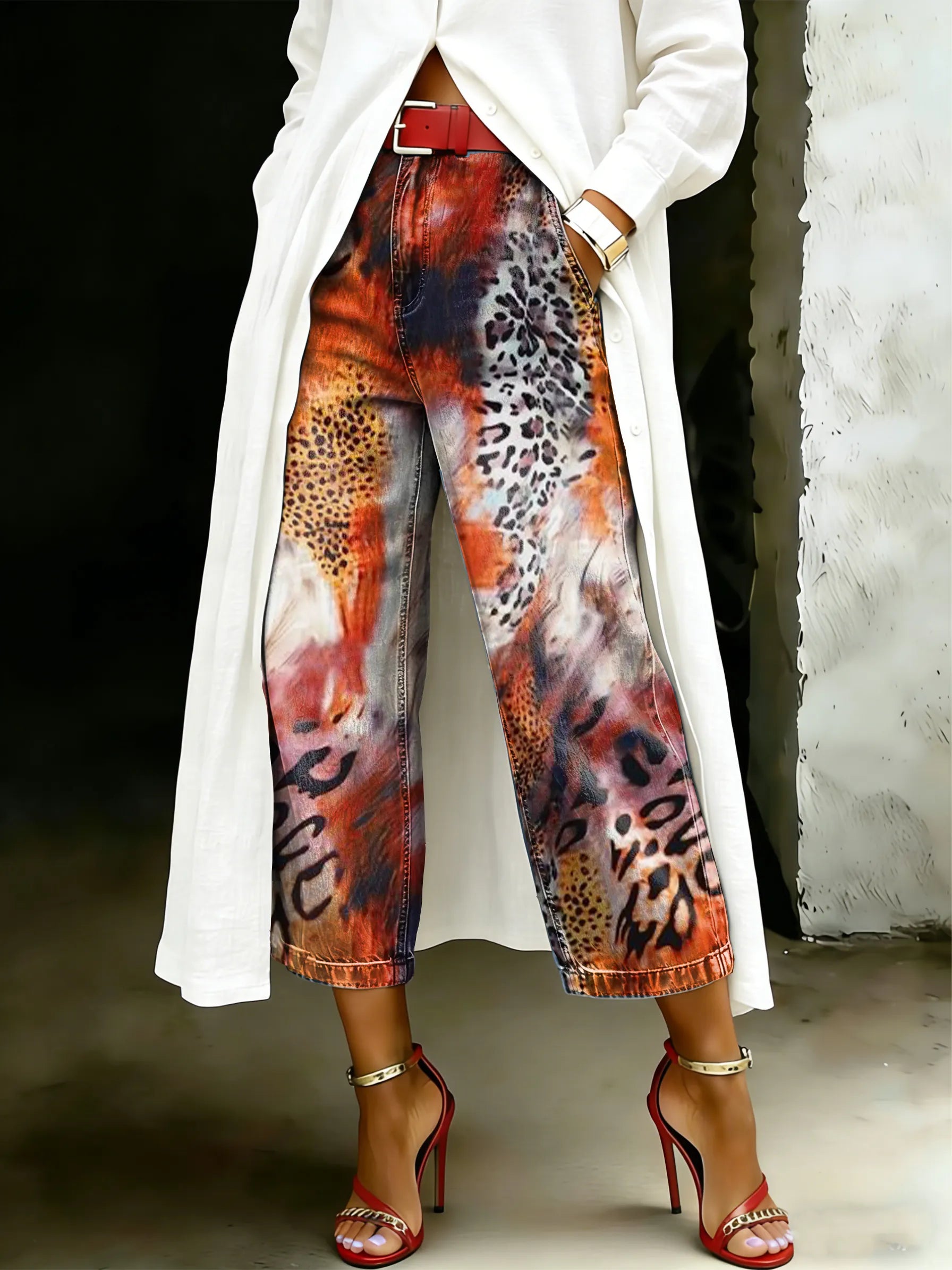 Women's Vintage Leopard Art Casual Wide Denim Pants