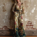 Vintage Floral Print Deep V-Neck Jumpsuit - Elegant High-Waist Wide Leg Long Sleeve Romper