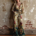 Vintage Floral Print Deep V-Neck Jumpsuit - Elegant High-Waist Wide Leg Long Sleeve Romper