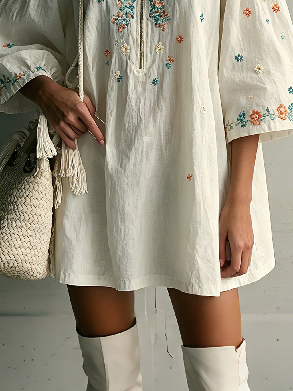 Off White Half Zip Embroidered Cotton Mini Dress