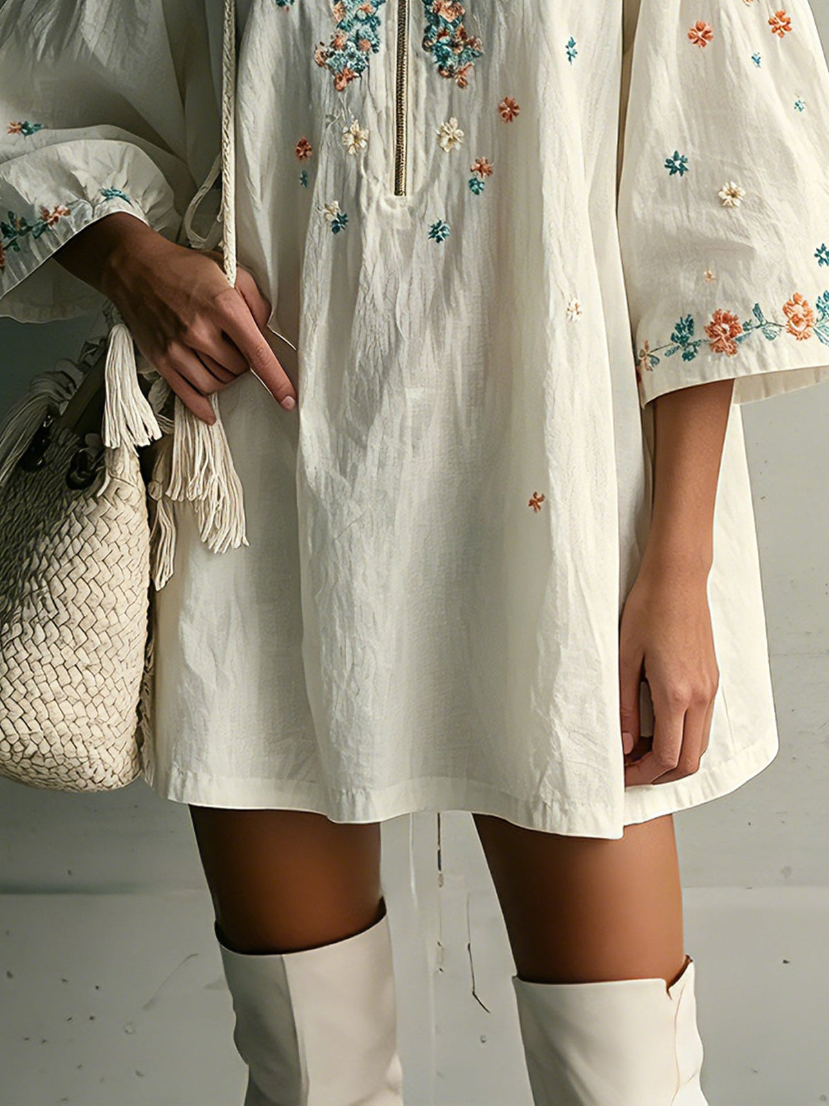 Off White Half Zip Embroidered Cotton Mini Dress