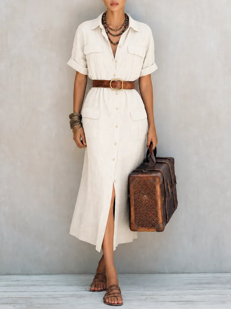 Women's Safari Style Natural Linen Blend Collared Short Sleeve Button-Front Belted Utility Midi Shirt Dress MDZ1597G0ZSQ