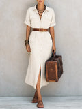 Women's Safari Style Natural Linen Blend Collared Short Sleeve Button-Front Belted Utility Midi Shirt Dress MDZ1597G0ZSQ