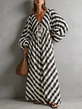Women's Casual Black And White Striped Woven Printed V-Neck Long-Sleeve Maxi Dress MDZ2116G5LXY
