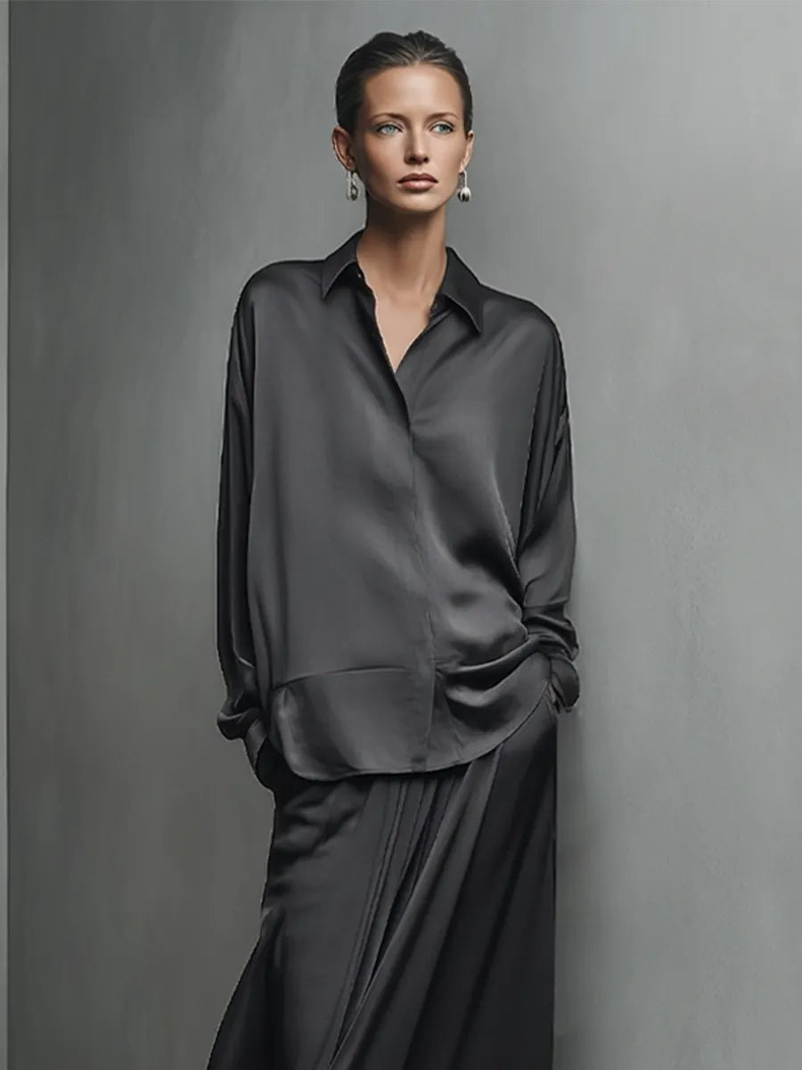 Women's Black Glossy Satin Matching Outfit With Turn Down Collar Shirt & Wide Swing Maxi Skirt, Versatile Evening Vacation Two-Piece Set MDZ1375G3LYL